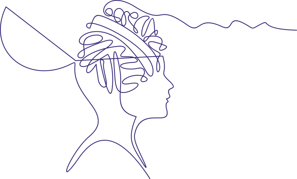 A continuous, intricate line art drawing in deep purple on a white background, forming a stylized human head with the internal thought processes depicted as a complex, swirling, and open-ended design.