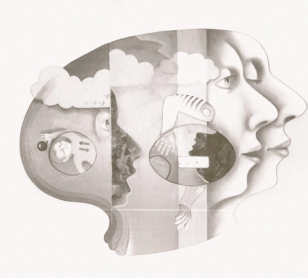 A complex, surrealist illustration in black and white depicting nested and segmented human profiles with embedded abstract elements like clouds, hands, and other figures, representing the depths of the mind.